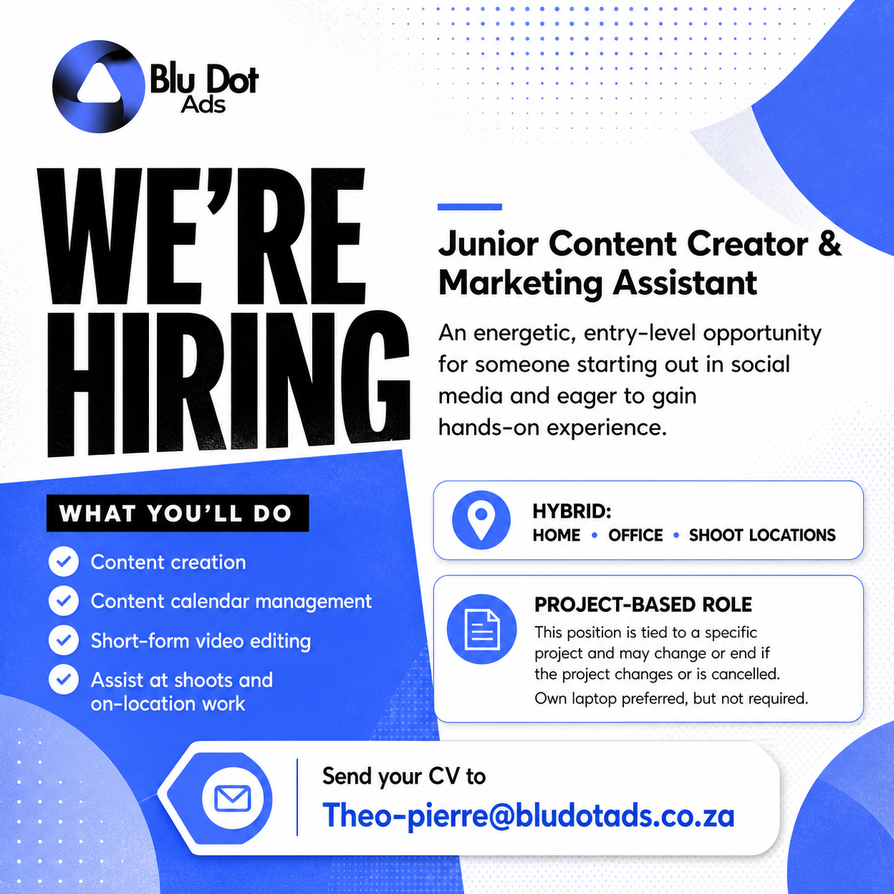 We're hiring a Junior Content Creator and Marketing Assistant. Hybrid, project-based role.
