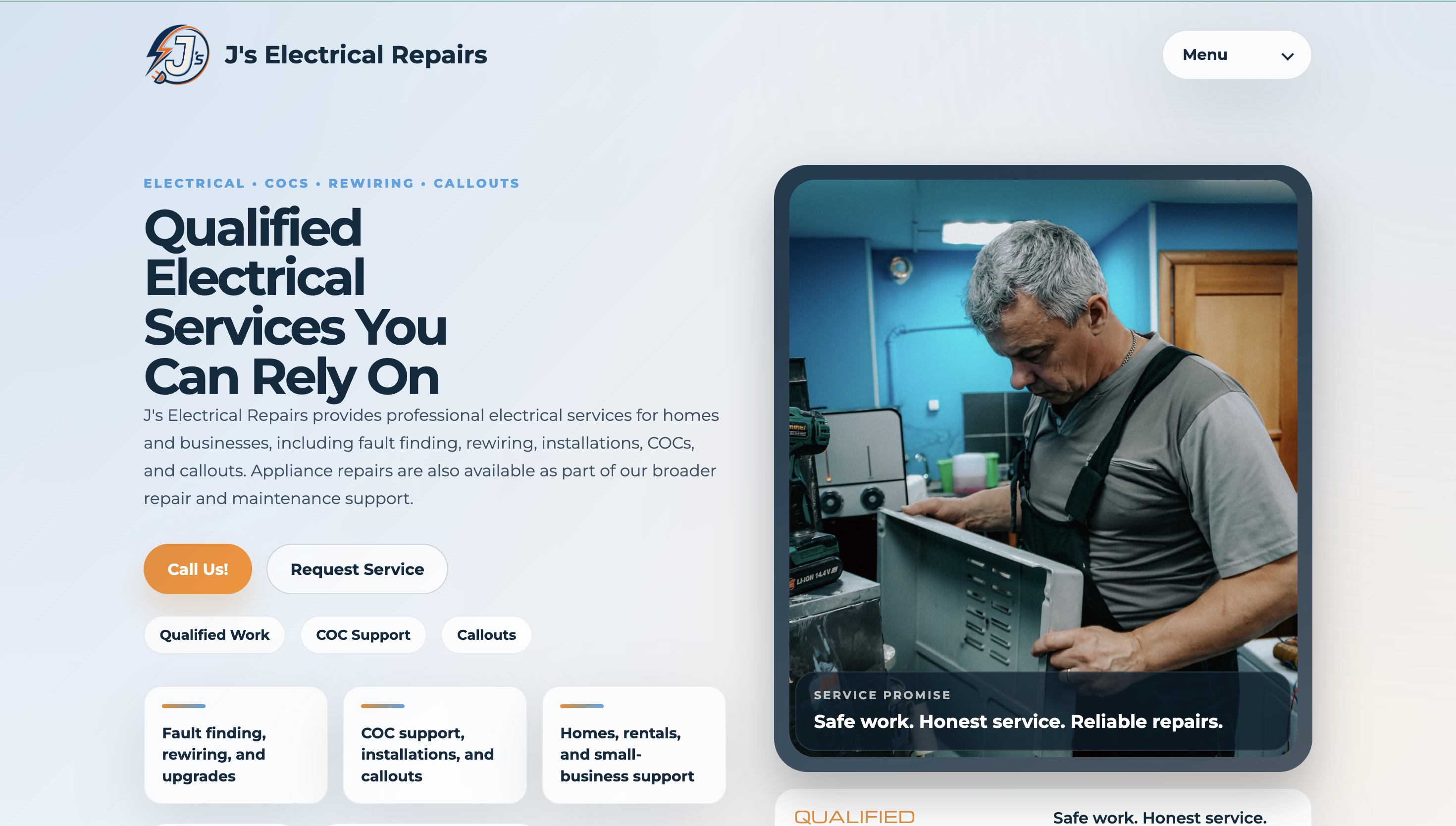 J's Electrical Repairs website homepage screenshot